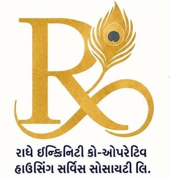 Radhe Infinity Co-operative Housing Service Society Ltd. — gold R, infinity symbol and peacock feather